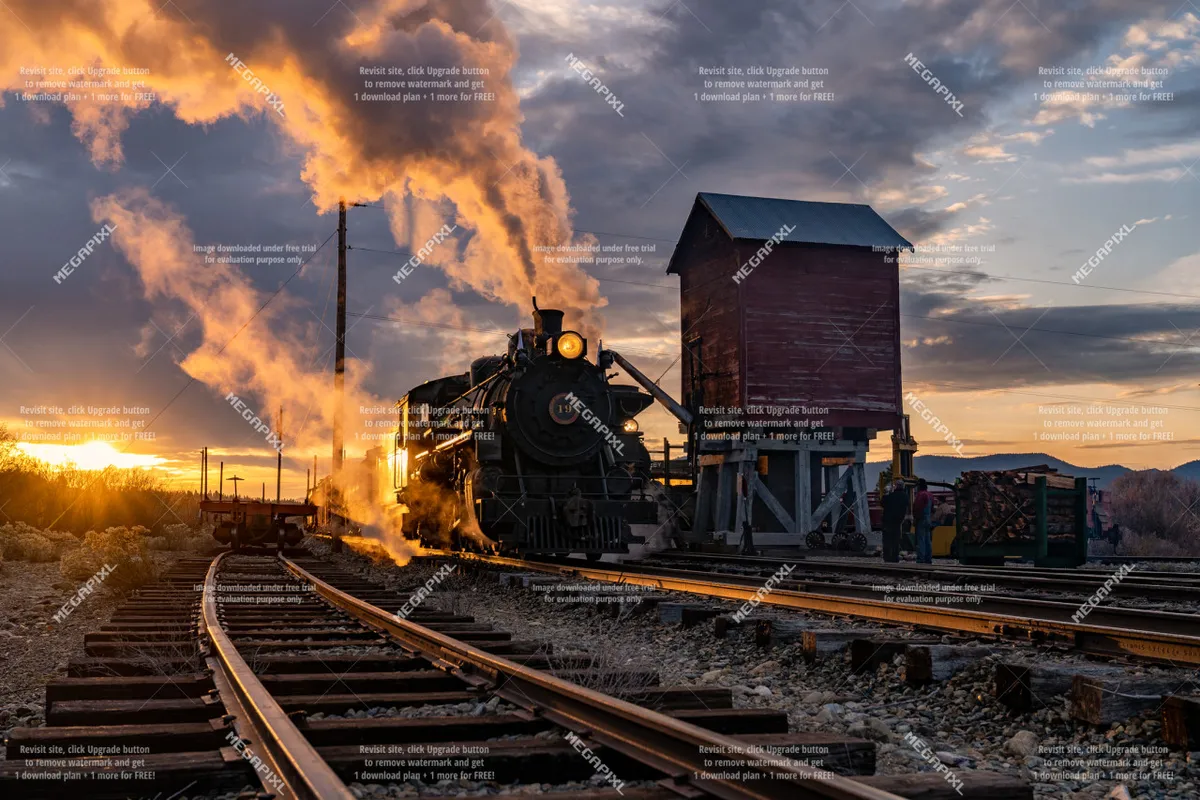 A striking exterior scene featuring a steam locomotive, an old wooden structure, and a colorful sunset sky, evoking a sense of adventure and exploration in the area.